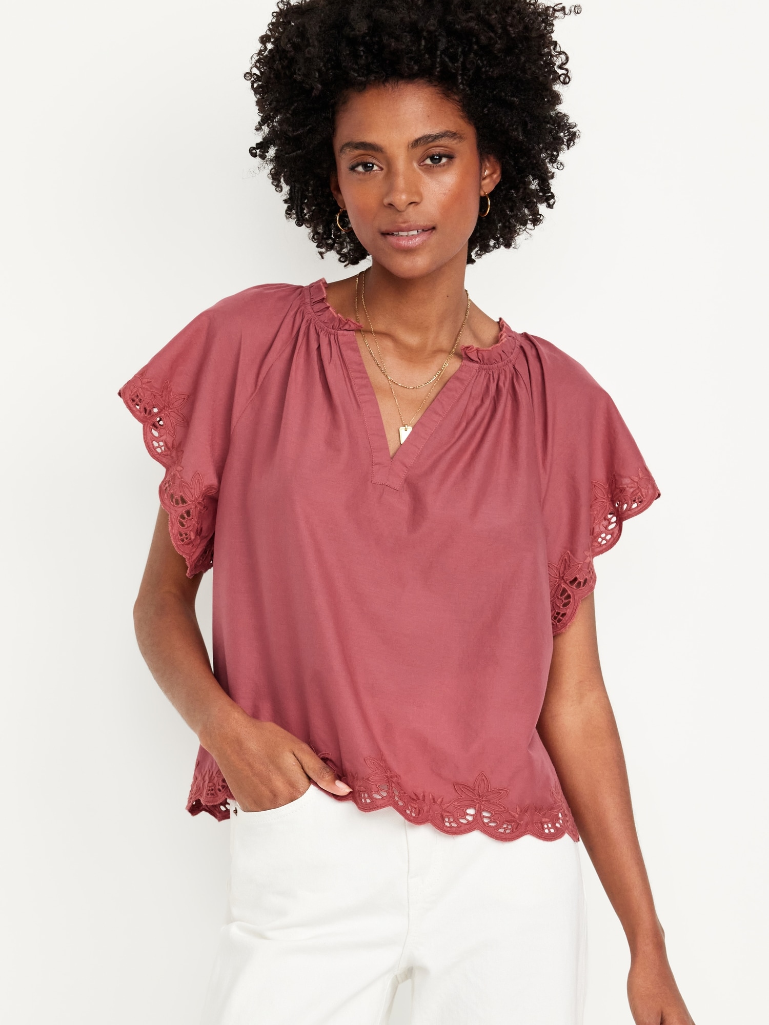 Embroidered Split-Neck Top