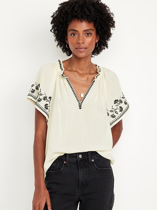 Image number 1 showing, Embroidered Split-Neck Top