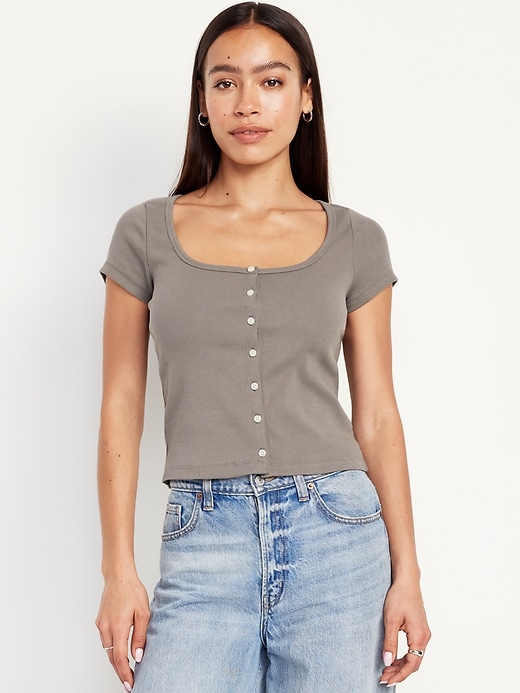 Image number 1 showing, Rib-Knit Button-Down Top