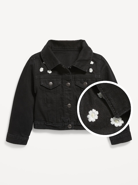 Cropped Embroidered Trucker Jean Jacket for Toddler Girls - Black