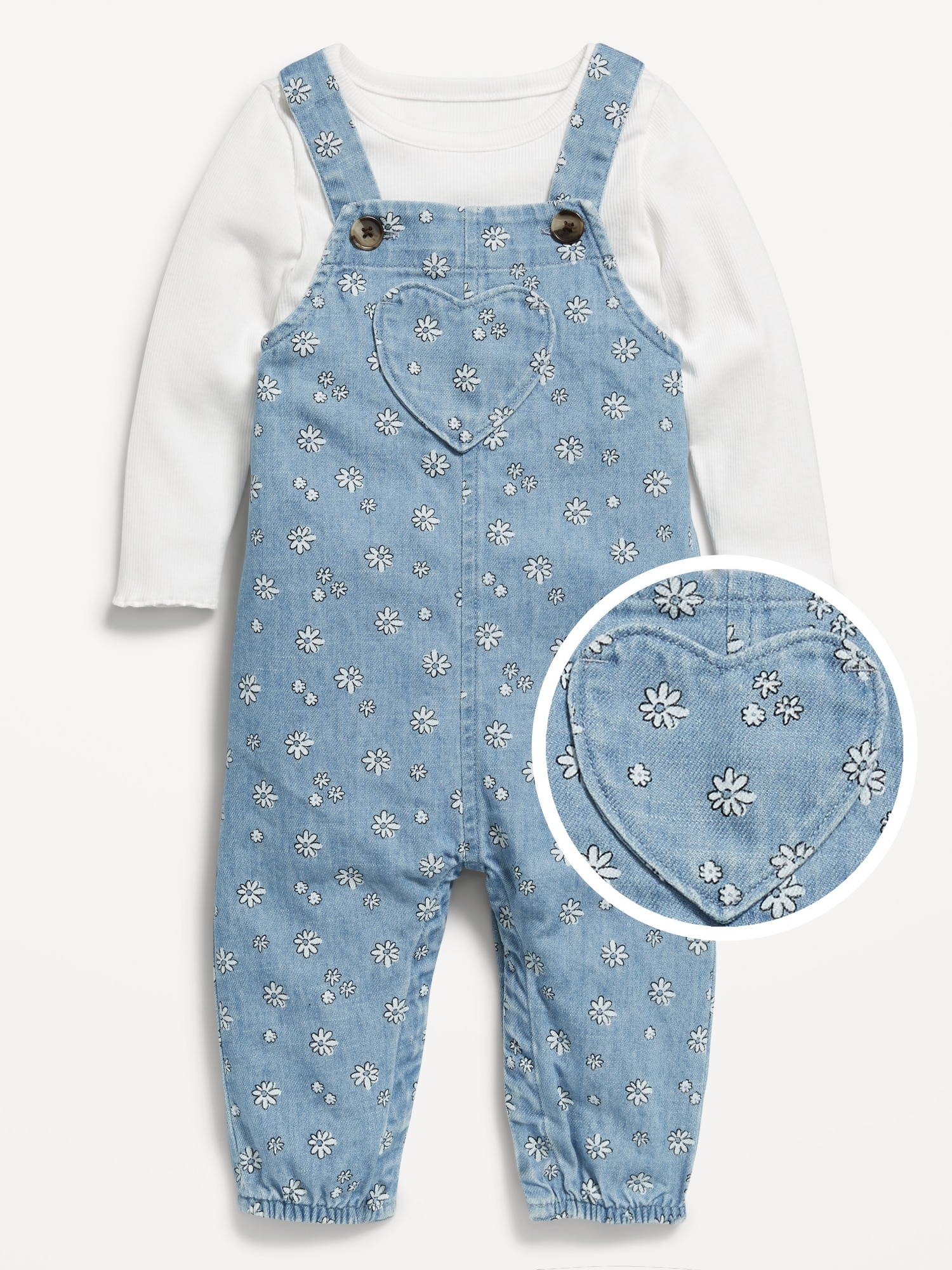 Long-Sleeve Ribbed Top and Jean Overalls Set for Baby