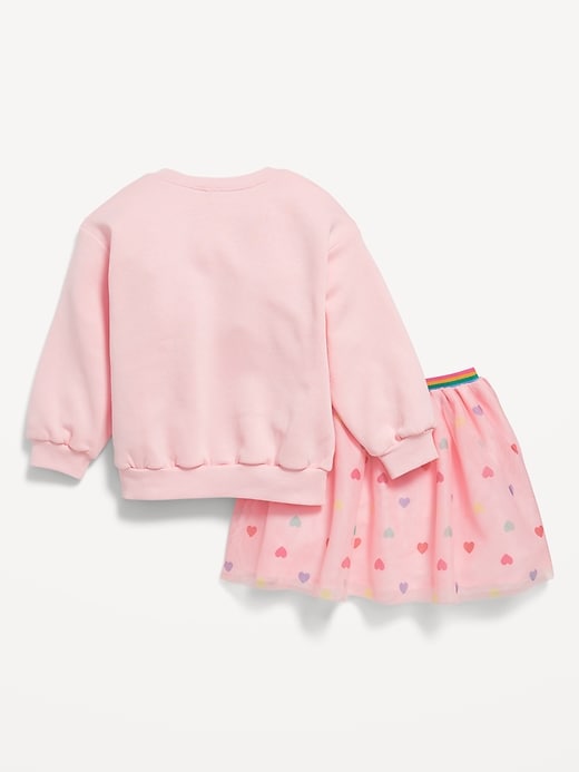 Voir une image plus grande du produit 2 de 3. Ensemble chandail en coton ouaté ras du cou à imprimé et jupe en tulle pour toute-petite fille