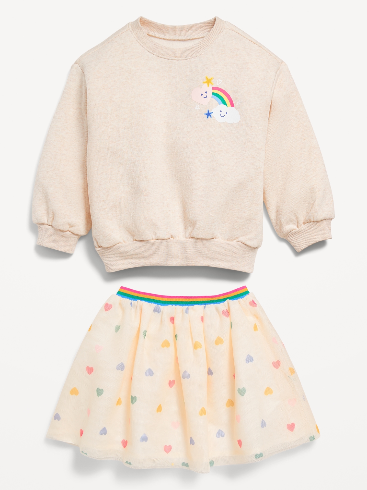 Crew-Neck Graphic Sweatshirt and Tulle Skirt Set for Toddler Girls