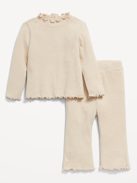 Ensemble haut à manches longues et pantalon évasé en tricot côtelé pelucheux pour bébé