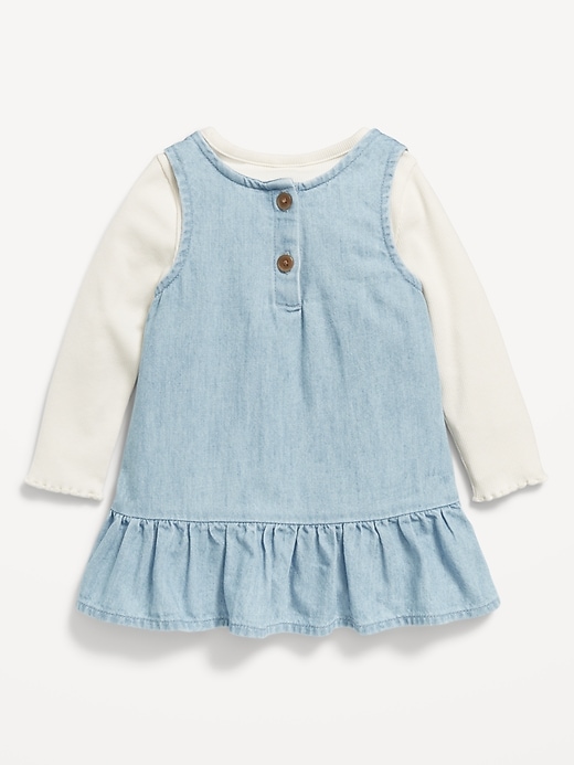 View large product image 2 of 3. Long-Sleeve Ribbed Top and Heart-Pocket Chambray Dress Set for Baby