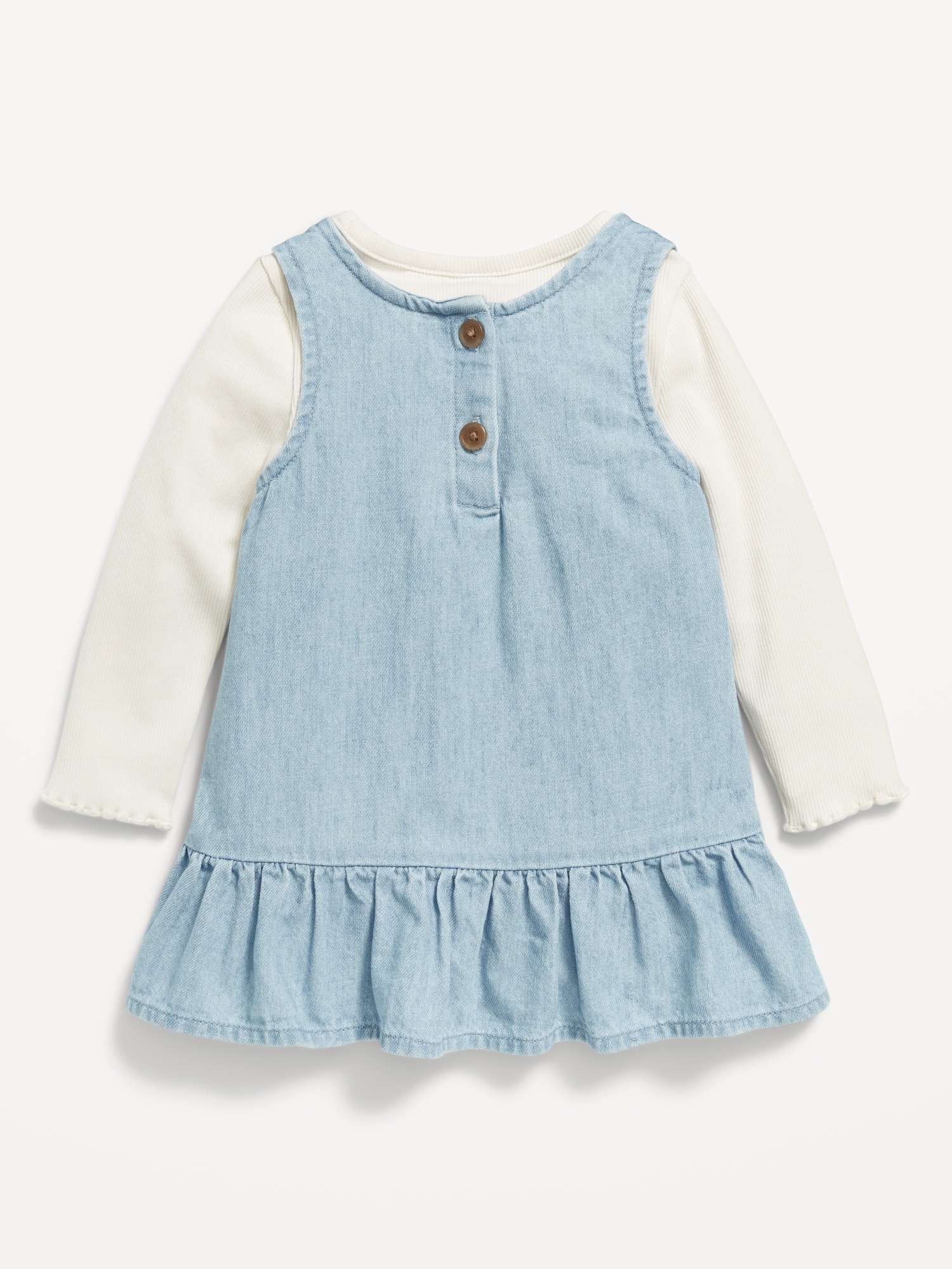 Long-Sleeve Ribbed Top and Heart-Pocket Chambray Dress Set for Baby