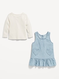 View large product image 3 of 3. Long-Sleeve Ribbed Top and Heart-Pocket Chambray Dress Set for Baby