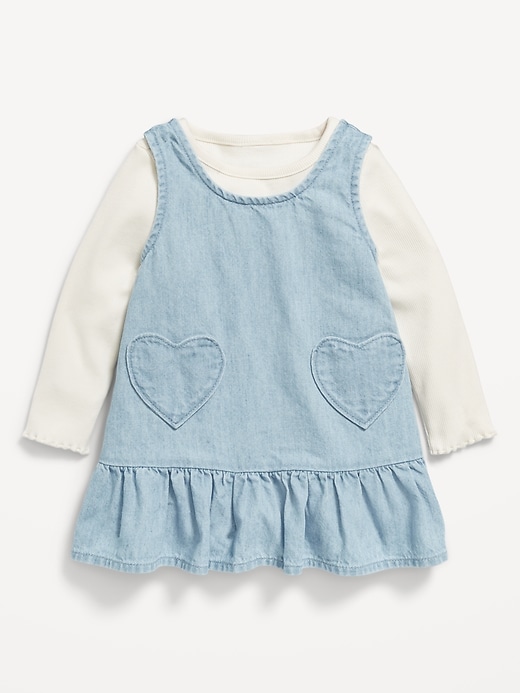 View large product image 1 of 3. Long-Sleeve Ribbed Top and Heart-Pocket Chambray Dress Set for Baby