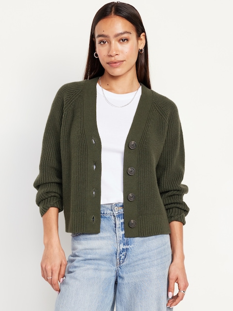 Shaker-Stitch Cardigan Sweater - Olive