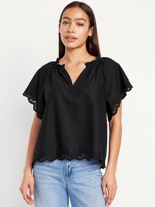 Image number 1 showing, Embroidered Split-Neck Top