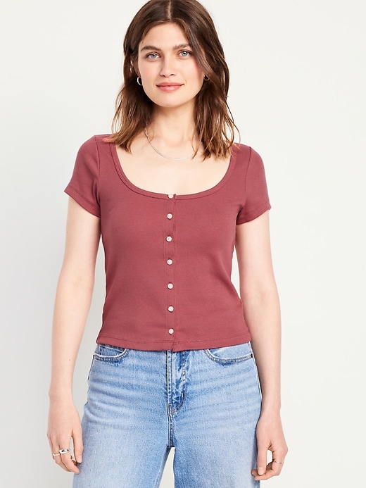 Image number 1 showing, Rib-Knit Button-Down Top