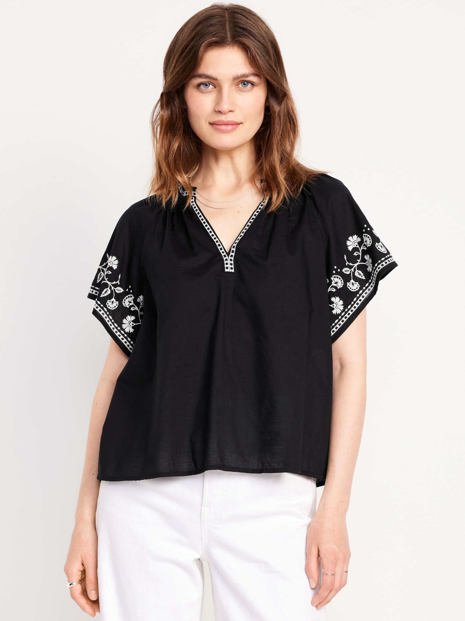 Embroidered Split-Neck Top