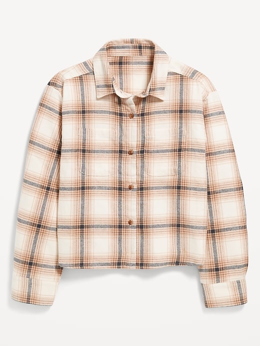 View large product image 2 of 3. Cropped Long-Sleeve Plaid Pocket Flannel Shirt for Girls