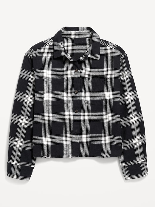 View large product image 2 of 3. Cropped Long-Sleeve Plaid Pocket Flannel Shirt for Girls