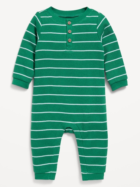 Printed Long-Sleeve Thermal-Knit Henley One-Piece for Baby