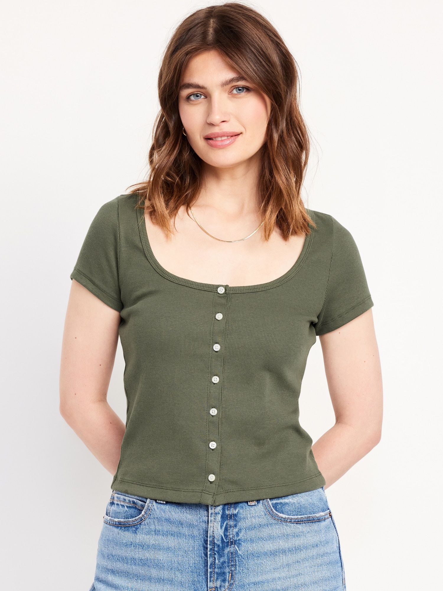 Rib-Knit Button-Down Top