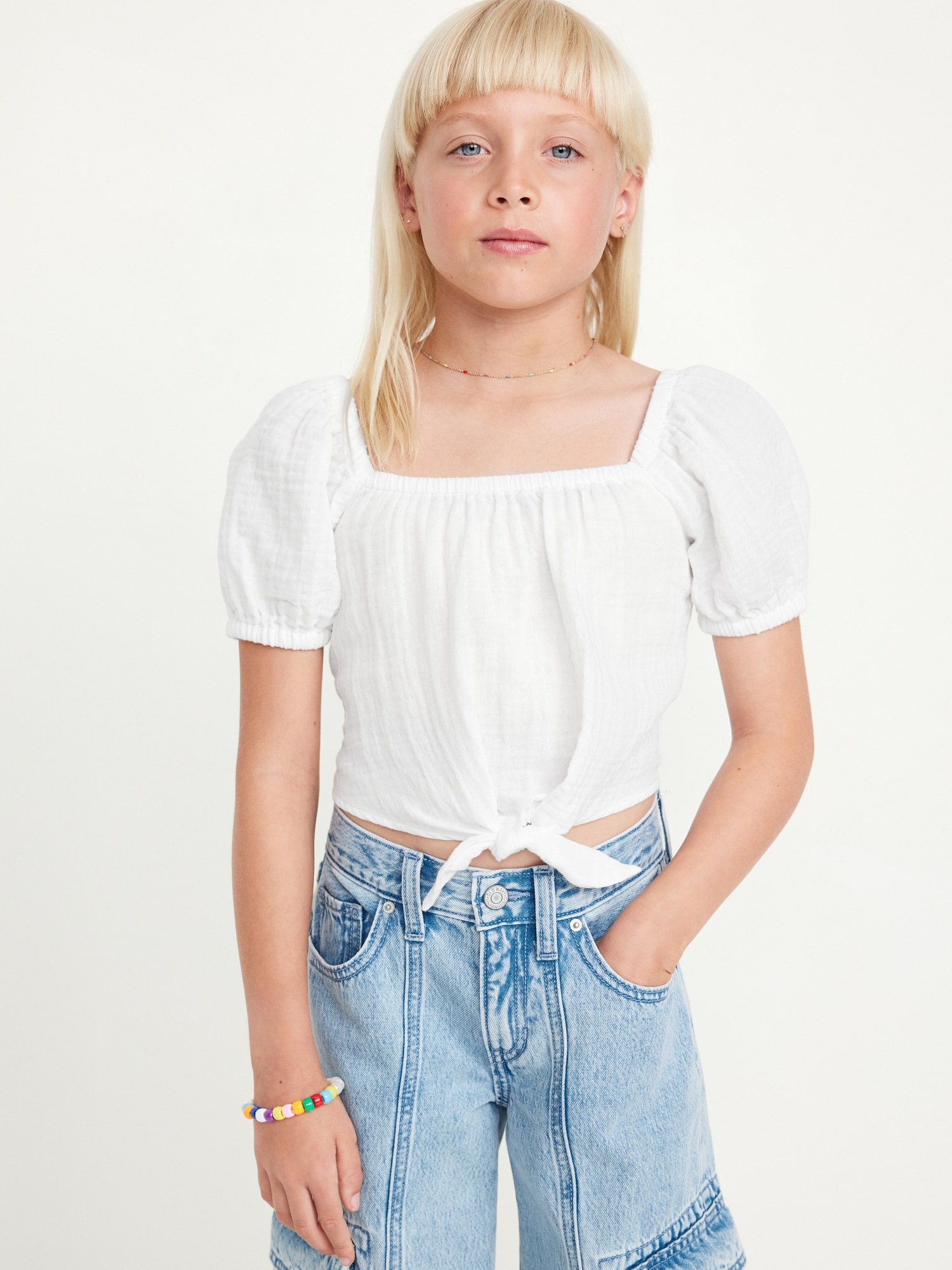 Puff-Sleeve Double-Weave Tie-Knot Top for Girls