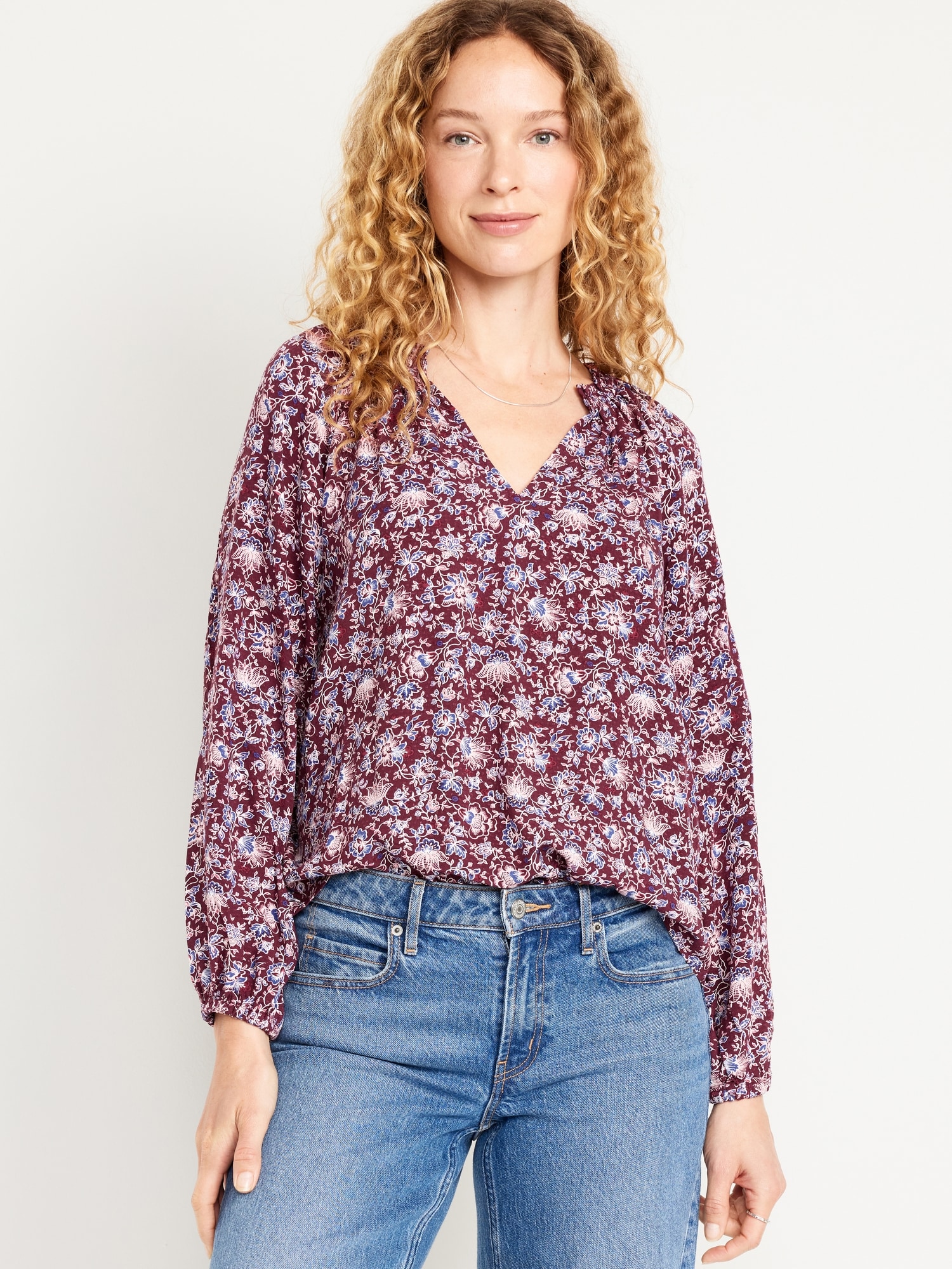 Ruffled Split-Neck Top