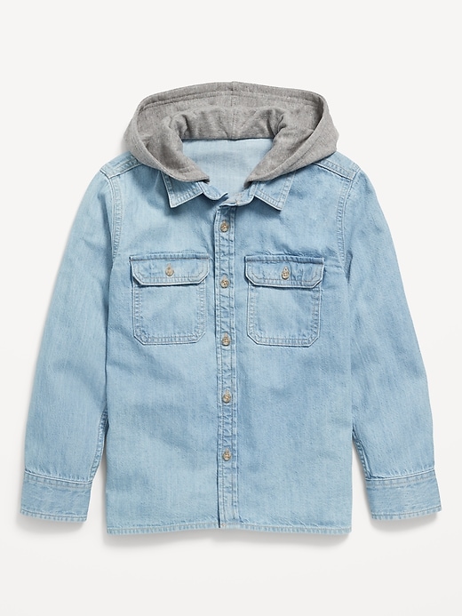 View large product image 2 of 3. Long-Sleeve Hooded Utility Jean Shirt for Boys