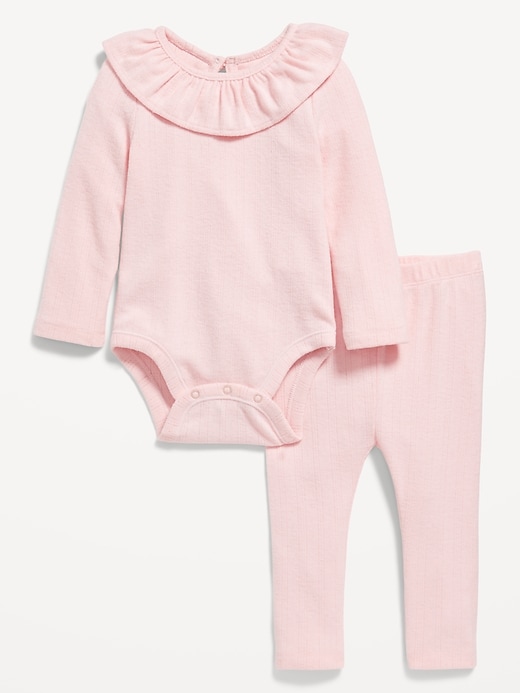 Voir une image plus grande du produit 1 de 2. Ensemble cache-couche à volants et pantalon en tricot pointelle pour bébé