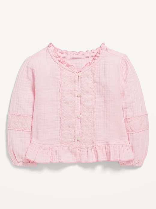 View large product image 1 of 2. Long-Sleeve Ruffle-Trim Double-Weave Top for Toddler Girls