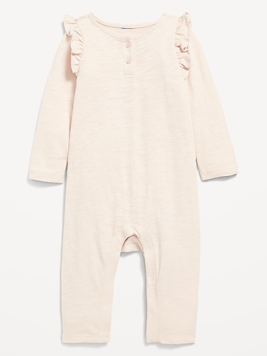 View large product image 1 of 1. Long-Sleeve Ruffle-Trim Henley Jumpsuit for Baby