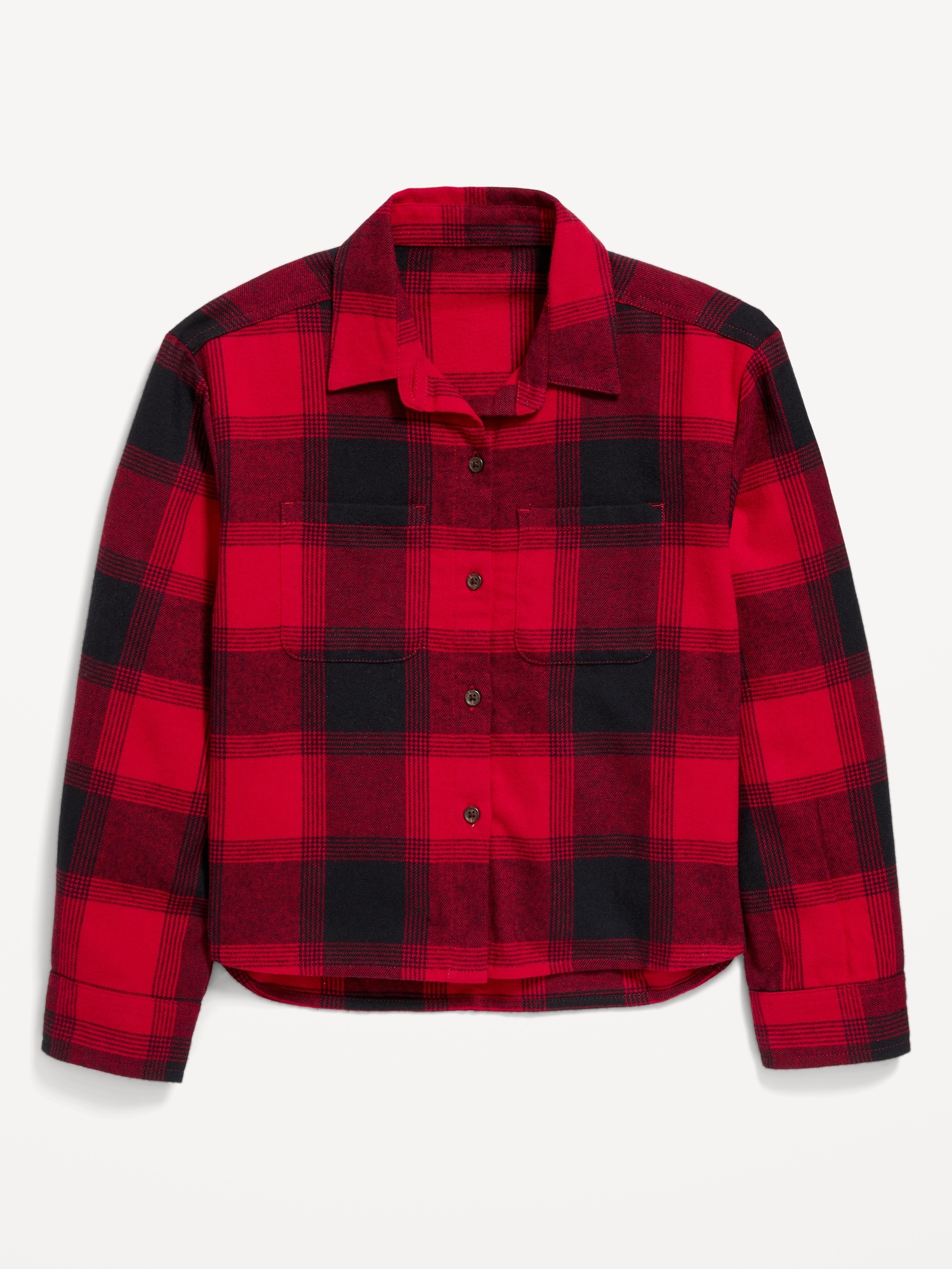 Cropped Long-Sleeve Plaid Pocket Flannel Shirt for Girls