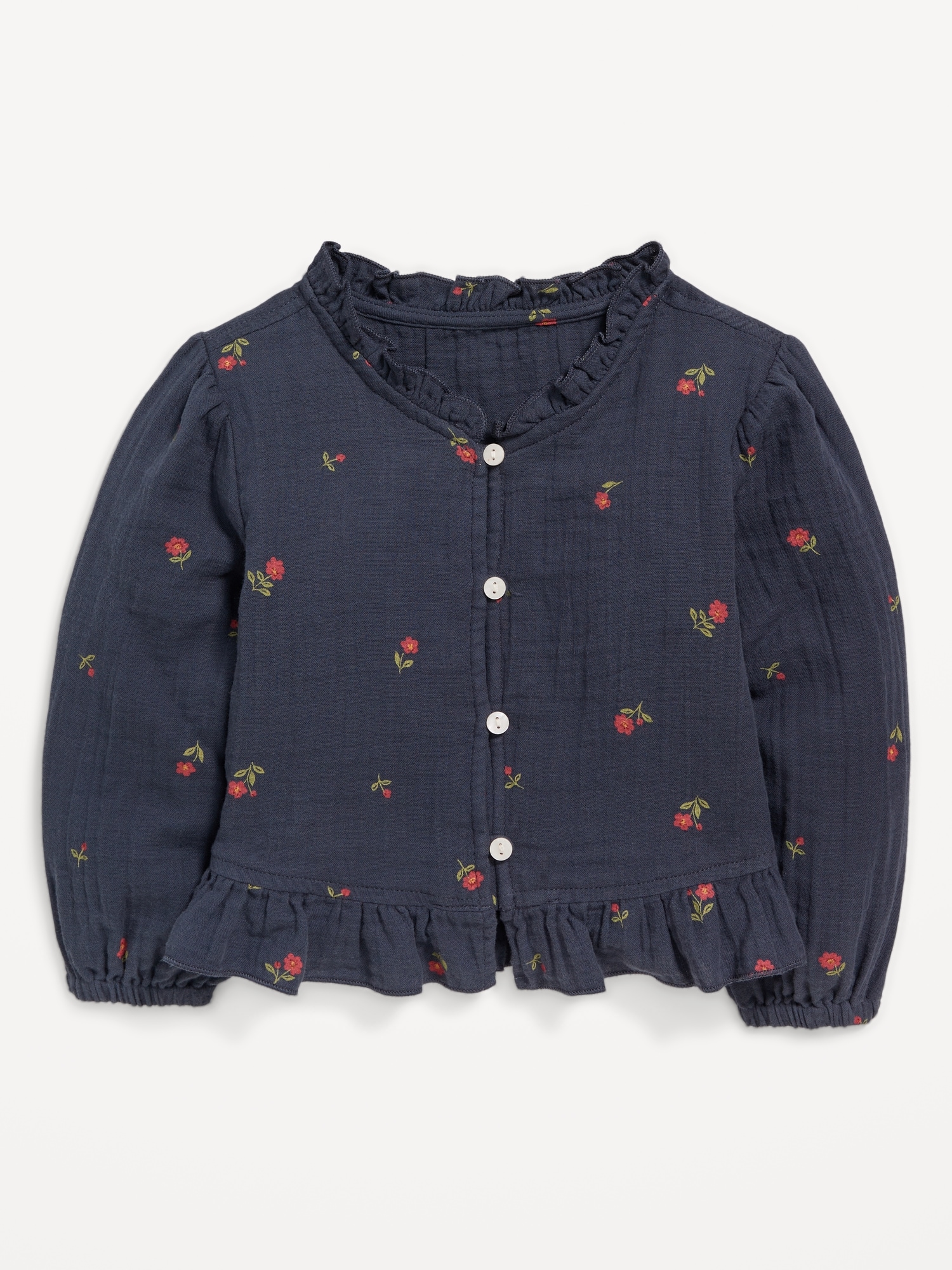 Printed Long-Sleeve Ruffle-Trim Double-Weave Top for Toddler Girls