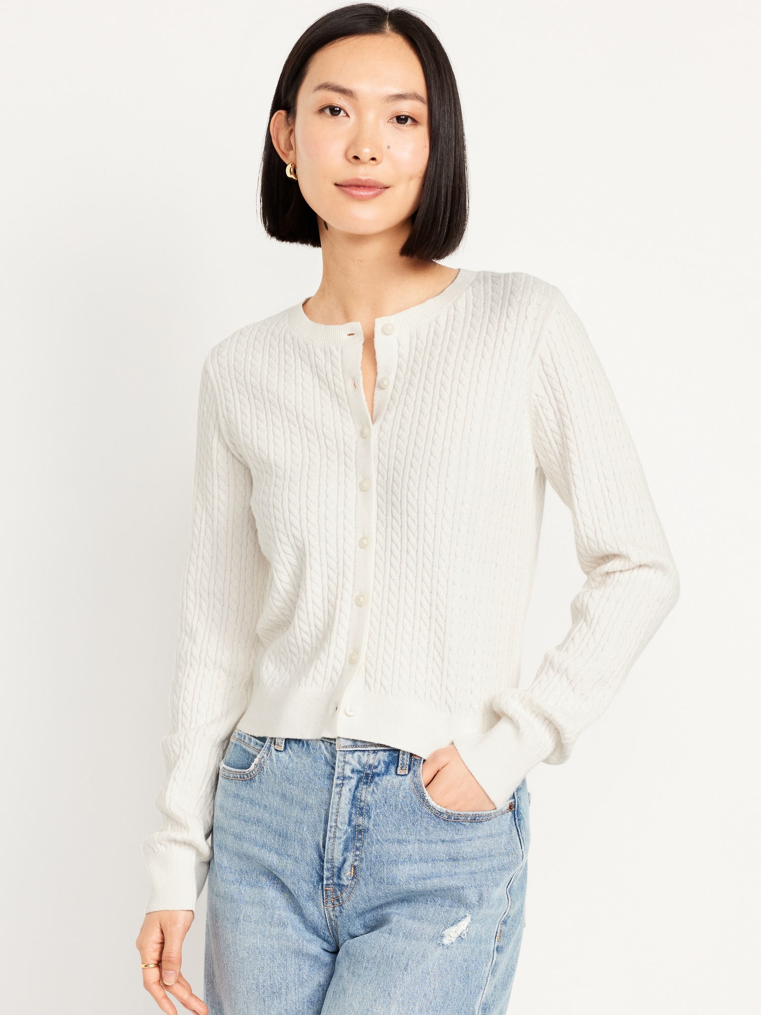 SoSoft Cable Crop Cardigan Sweater - White