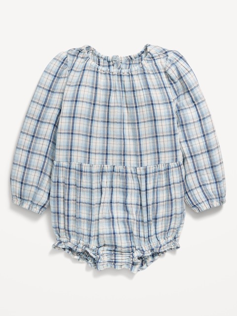 Long-Sleeve One-Piece Romper for Baby - White/Blue Plaid