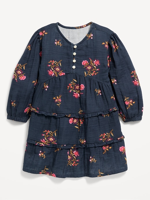 View large product image 1 of 2. Printed Long-Sleeve Tiered Double-Weave Dress for Toddler Girls