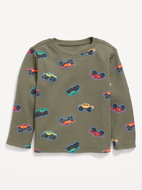 Printed Long-Sleeve Thermal-Knit T-Shirt for Toddler Boys - Truck Green