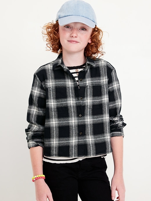 View large product image 1 of 3. Cropped Long-Sleeve Plaid Pocket Flannel Shirt for Girls