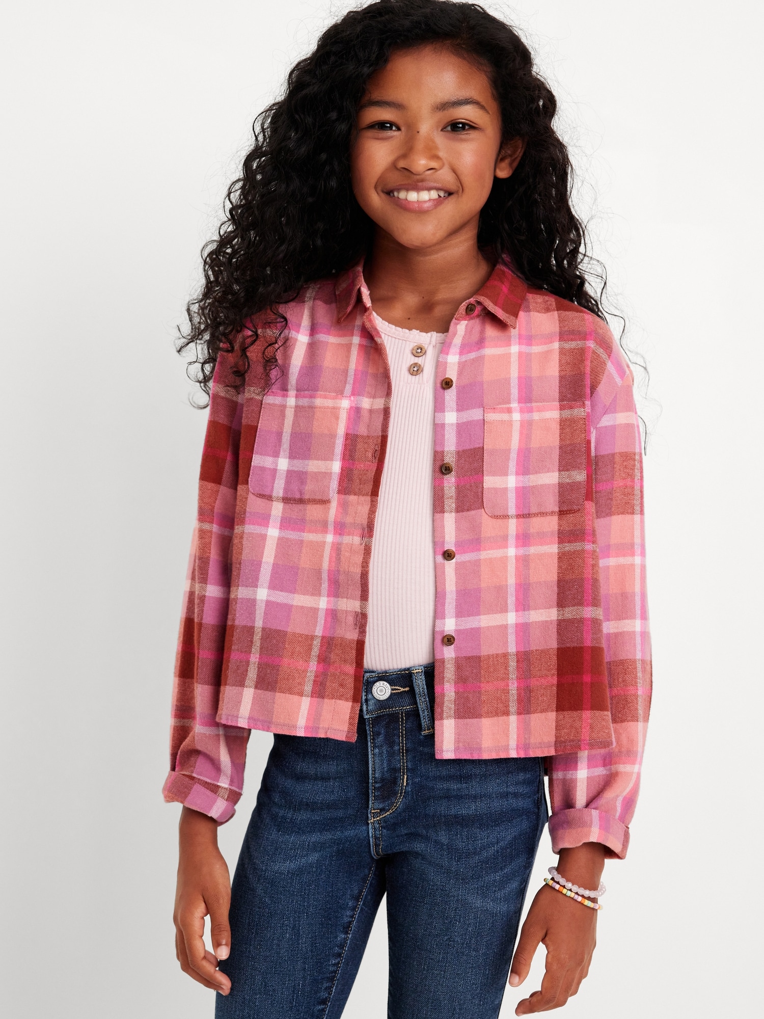 Cropped Long-Sleeve Plaid Pocket Flannel Shirt for Girls