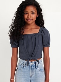 Image number 1 showing, Puff-Sleeve Double-Weave Tie-Knot Top for Girls