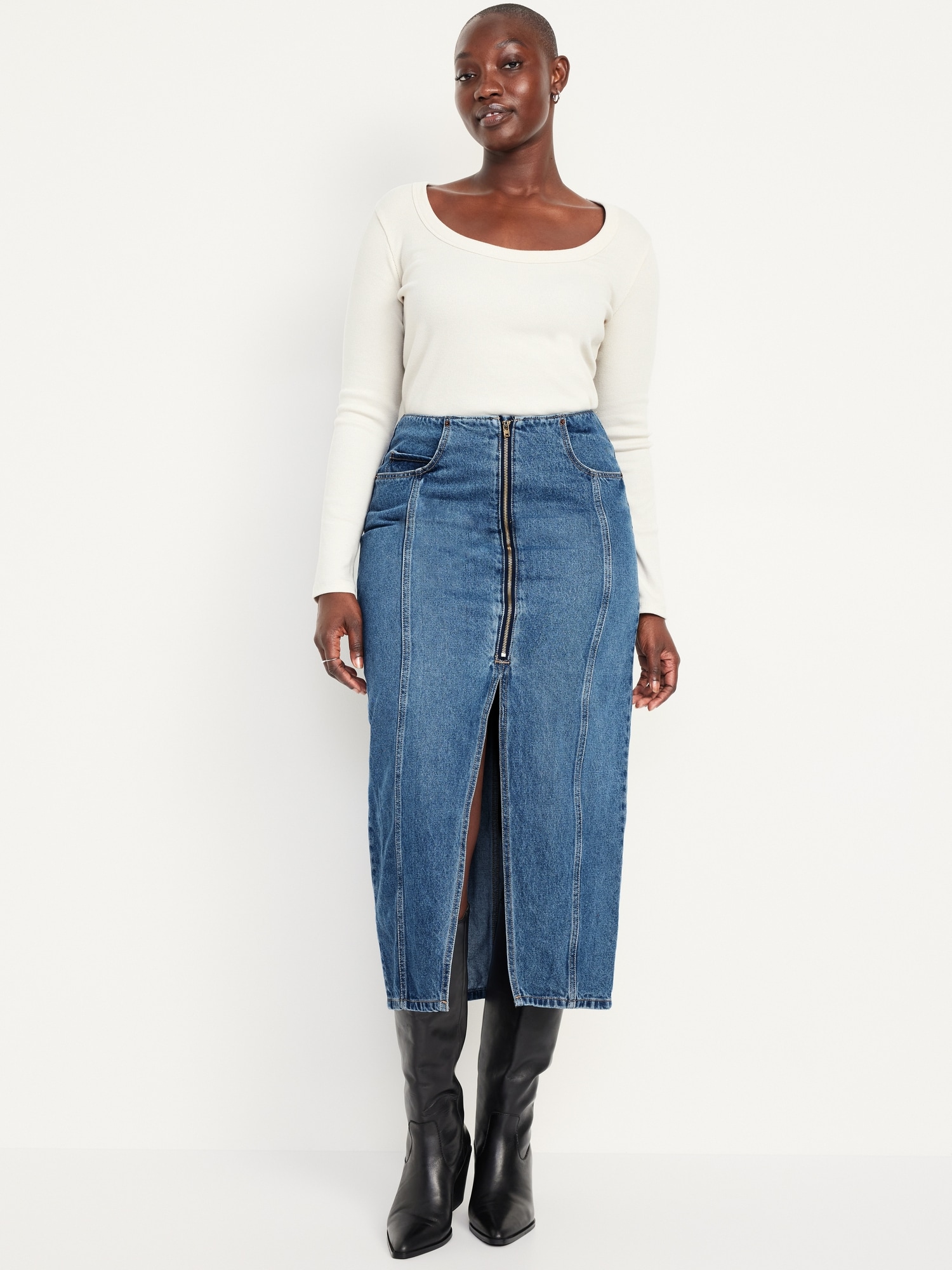 Mid-Rise Jean Maxi Skirt