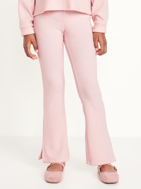 Pantalon évasé à taille haute en tricot côtelé duveteux pour fille - Rose