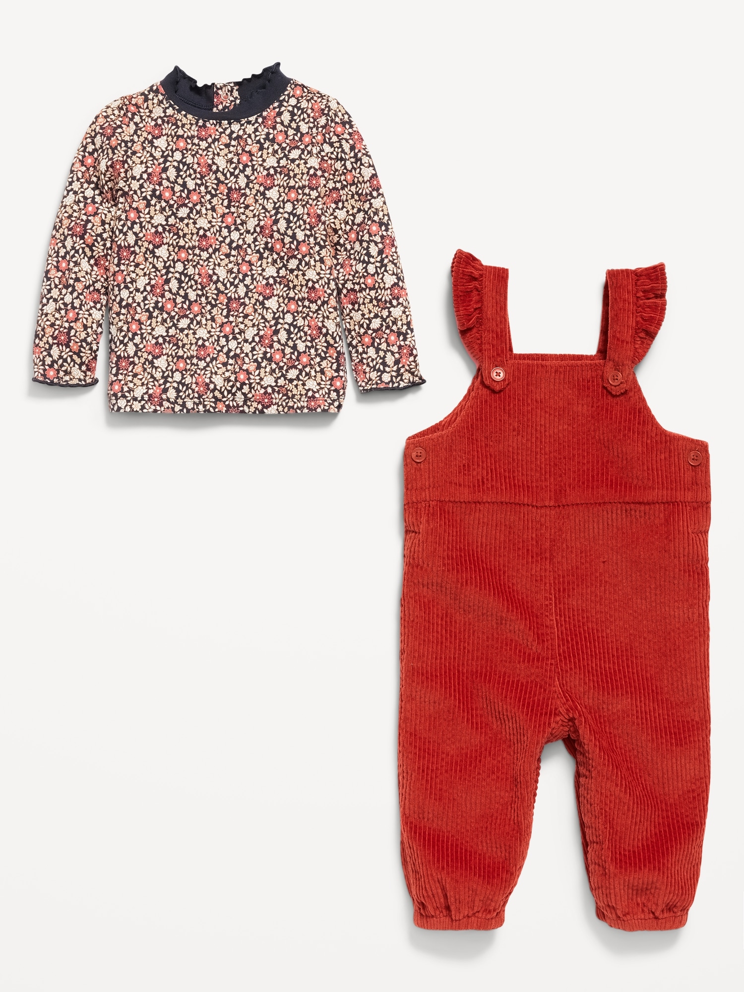 Ruffle-Trim T-Shirt and Corduroy Overalls Set for Baby