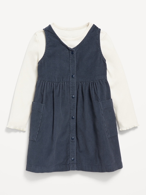 Sleeveless Pocket Corduroy Dress and Top Set for Toddler Girls - Blue