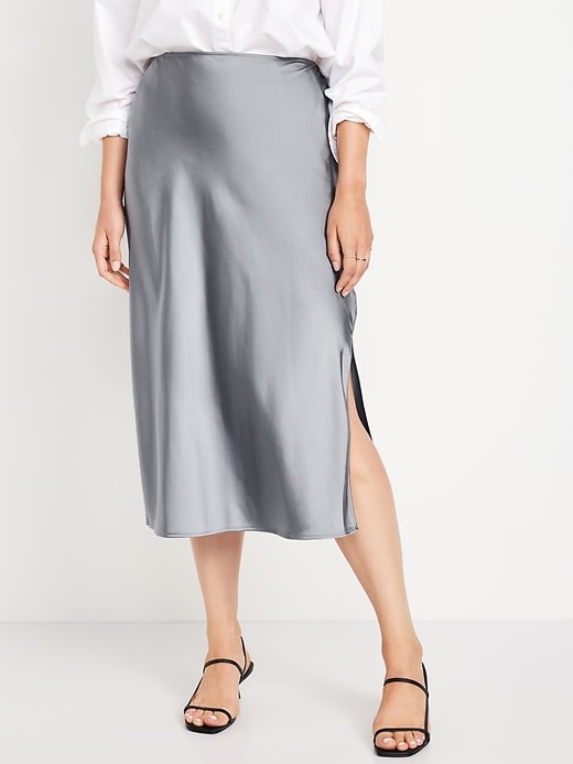 Image number 5 showing, High-Waisted Satin Midi Slip Skirt