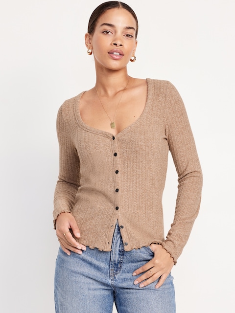 Button-Down Pointelle Top - Topsoil