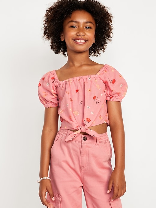 View large product image 1 of 3. Puff-Sleeve Double-Weave Tie-Knot Top for Girls