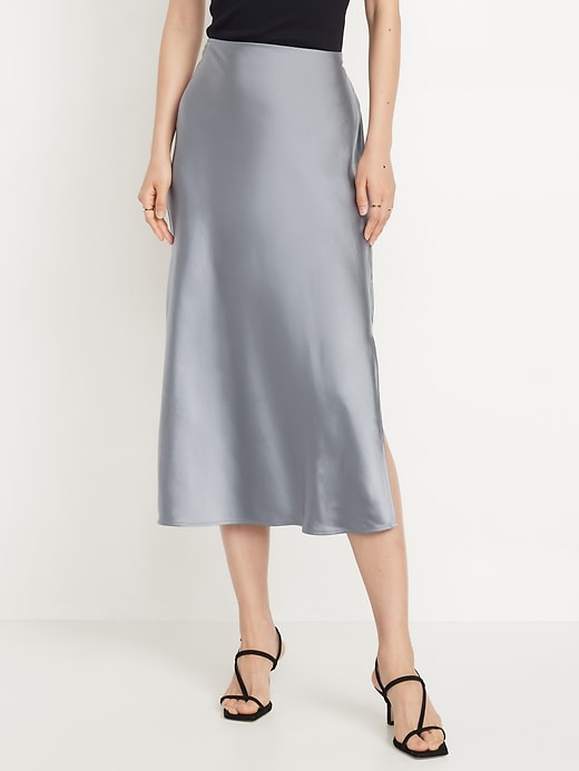 Image number 1 showing, High-Waisted Satin Midi Slip Skirt