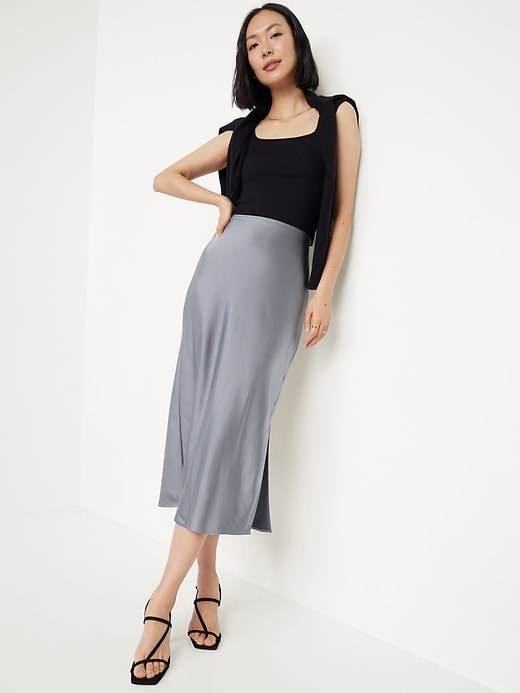 Image number 3 showing, High-Waisted Satin Midi Slip Skirt