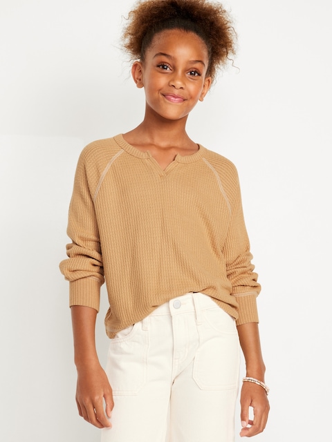 Long Raglan-Sleeve Thermal-Knit Top for Girls - Brown