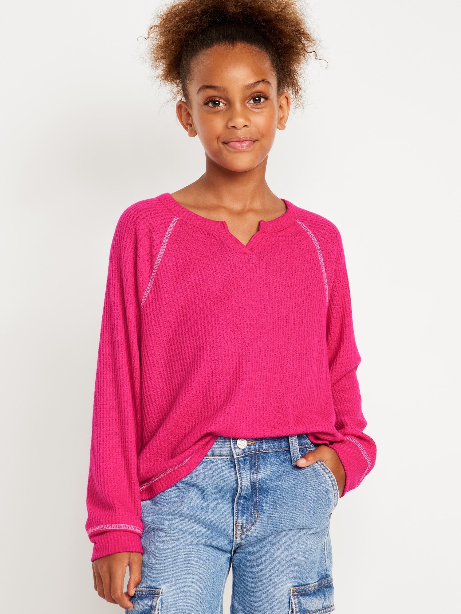 Long Raglan-Sleeve Thermal-Knit Top for Girls