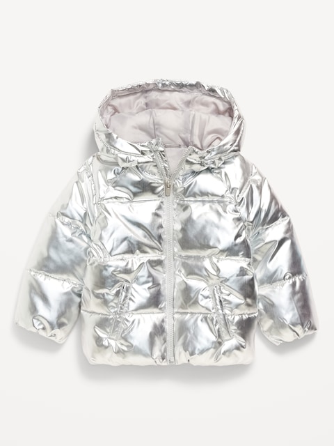 Shiny Quilted Puffer Jacket for Toddler Girls - Silver Metallic