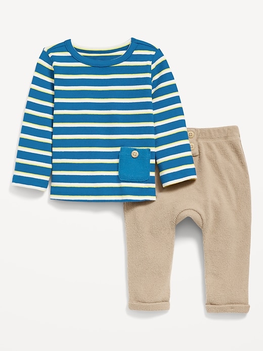 Voir une image plus grande du produit 1 de 3. Ensemble pantalon en tricot isotherme et t-shirt à poche boutonnée à motif pour bébé