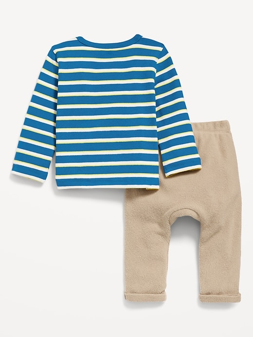 Voir une image plus grande du produit 2 de 3. Ensemble pantalon en tricot isotherme et t-shirt à poche boutonnée à motif pour bébé