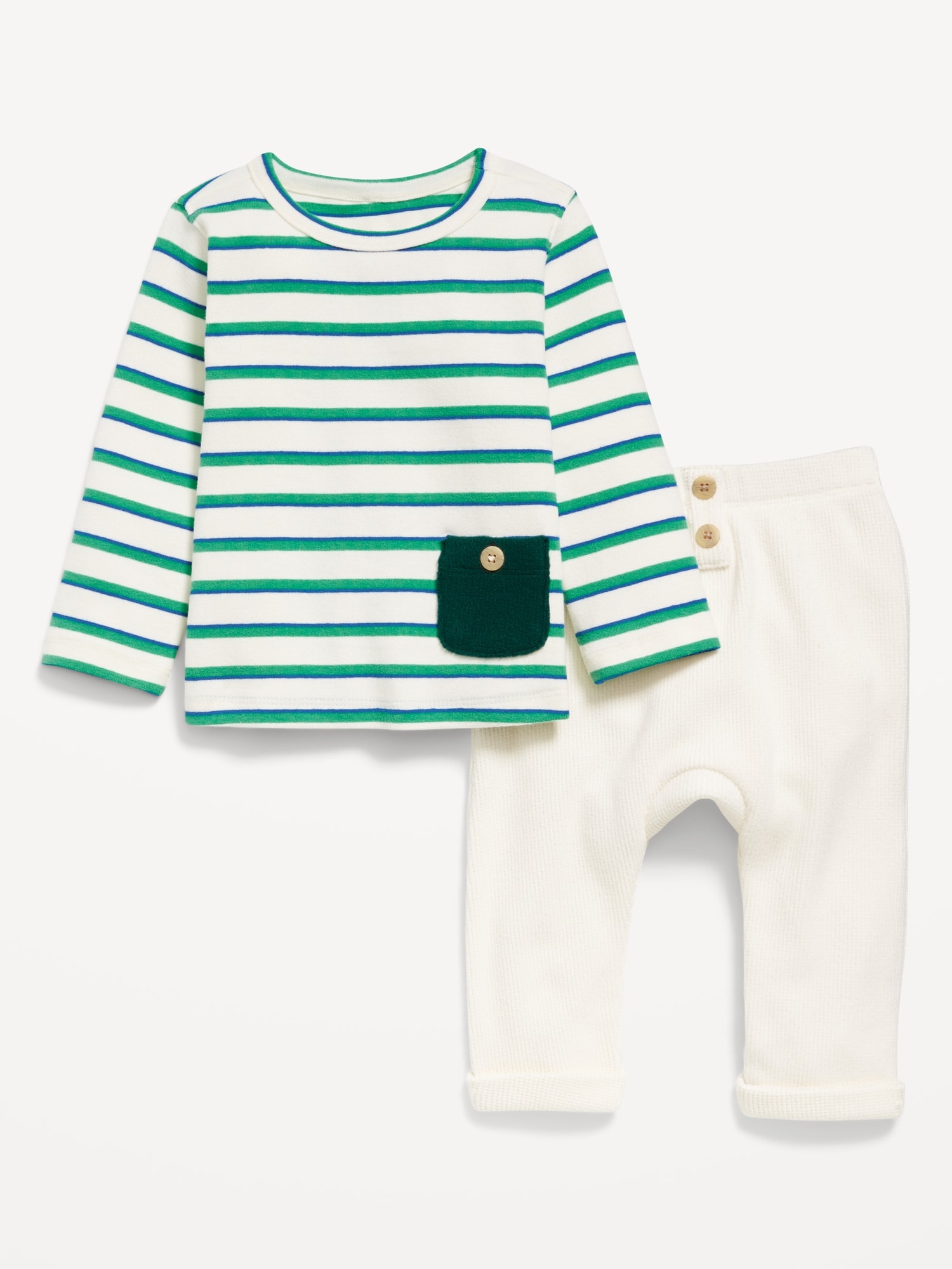 Printed Buttoned-Pocket T-Shirt and Thermal-Knit Pants Set for Baby